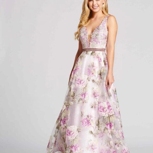 $478 NWOT Ellie Wilde by Mon Cheri Purple White Floral Prom Gown Evening Dress 4 - Picture 1 of 9